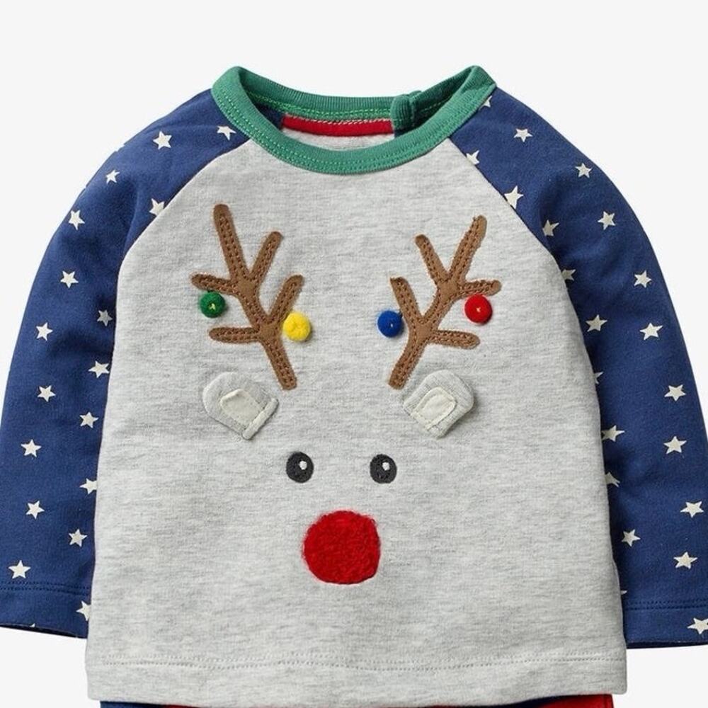 Baby Boden Reindeer Appliqué Long Sleeve Tee - Gray/Blue 3-6M